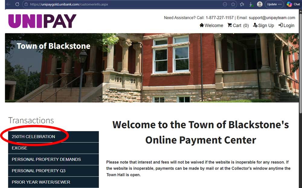 UniPay website screenshot showing 250th Celebration link